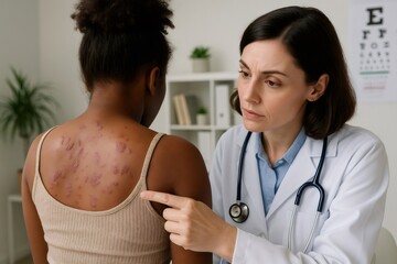 Female doctor examining skin rash on patient's back, pointing during a thorough medical consultation in a clinical setting