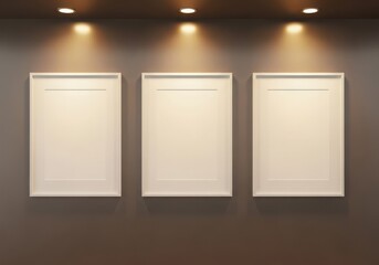 Three empty picture frames hanging on a dark wall with spotlights above