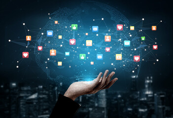 Social media interaction digital icons floating show concept of social media marketing. Online engagement, influencer marketing, and modern connection technology. Spline