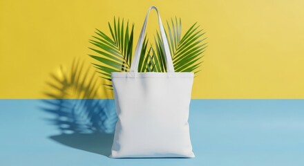 White Tote Bag Mockup with Green Palm Leaves on Yellow and Blue Background