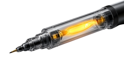 Close-up of a futuristic pen.  A clear, transparent pen body, revealing an internal, glowing element.  Technical design, high-tech components