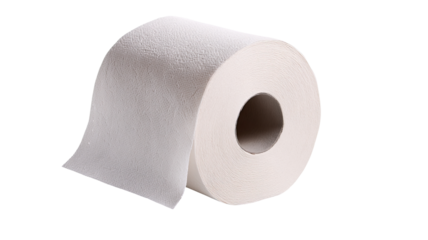 Single roll of white toilet paper, slightly angled, against a black background.  The paper roll is a standard size and shape, with the paper extending out from one side.
