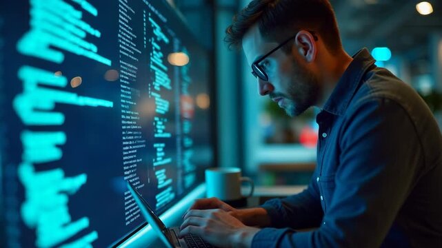 Man working and installing update process. Software updates or operating system upgrades to keep your device up to date with enhanced functionality in new versions and improved security.