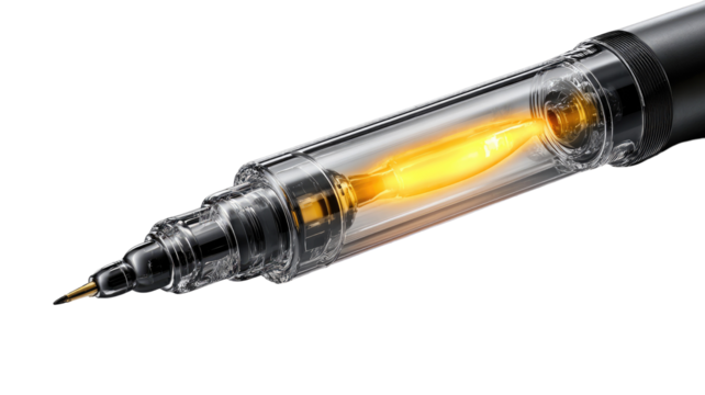 Close-up of a futuristic pen.  A clear, transparent pen body, revealing an internal, glowing element.  Technical design, high-tech components