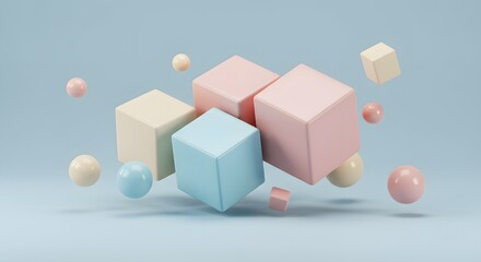 Fototapeta premium Pastel cubes and spheres floating in a light blue space creating a soft and dreamy composition scene