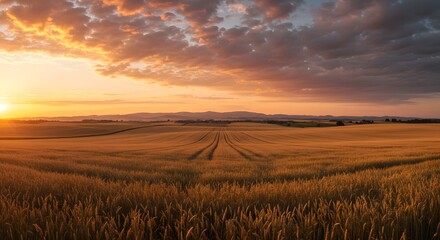 Golden wheat field at sunset with tire tracks leading towards distant mountains under a cloudy sky