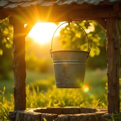 Golden Hour Sunlight Shines on Old Metal Bucket Hanging Over Stone Well