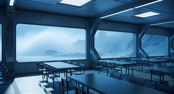 Futuristic Interior With Windows Offering A Dramatic View Of A Frozen Landscape
