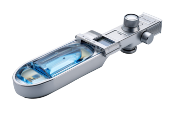 A silver-toned, compact instrument with a liquid sample compartment.  Control knobs and a display are visible