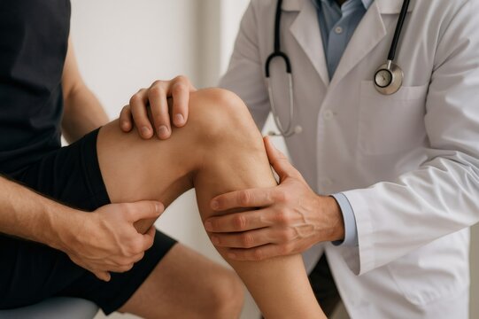 Doctor palpating athlete's knee, checking for joint mobility and pain, providing healthcare and diagnosis - Powered by Adobe