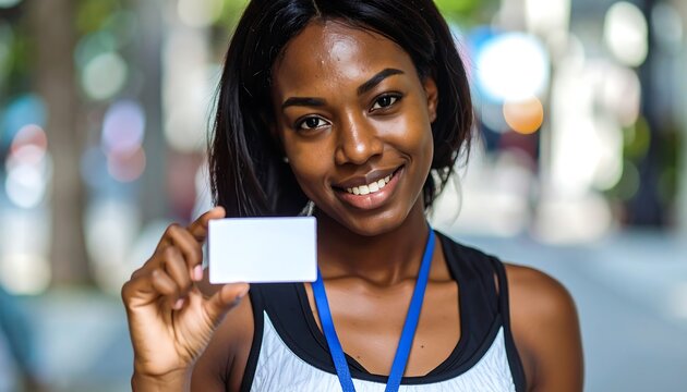 Woman holding blank business card outdoors