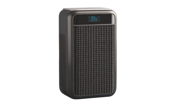 Dark gray air purifier, rectangular shape, digital display