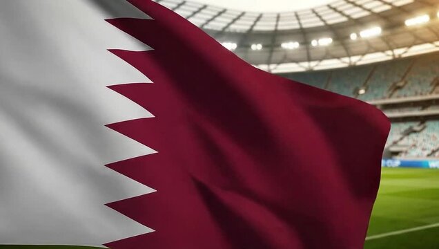 Qatar flag waving in a stadium with green field and blurred seating in the background on a sunny day