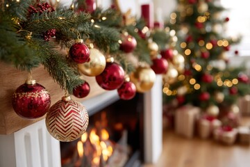 Festive Christmas mantel with red and gold ornaments