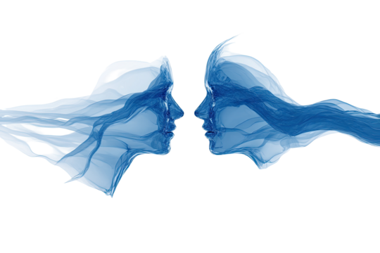Two ethereal, profile faces, rendered as translucent blue smoke or water,  facing each other, connected by flowing forms