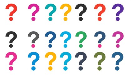 A grid of various colorful question marks, each uniquely shaded, arranged on a plain white background.