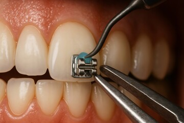 Dentist applying dental bonding glue to orthodontic bracket on patient's tooth, close up view of teeth and dental procedure