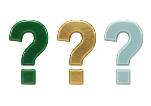 Isolated three colorful question marks, symbol of doubt, curiosity, quiz, or unknown