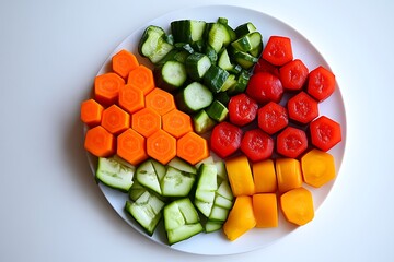 Raw vegetables placed in a uniform hexagonal pattern, creating a bold geometric design on the plate 