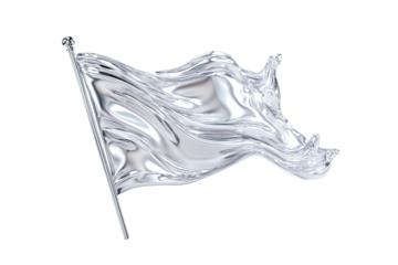 A stylized, metallic silver flag billowing in the wind.  Smooth, flowing folds of the flag, rendered in a polished metal texture, catch the light.  A flagpole extends vertically from the bottom
