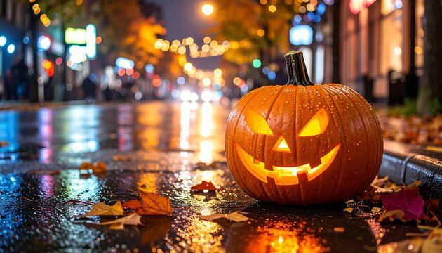 A vibrant jack-o'-lantern sits on a wet city street at night, illuminated by an eerie glow, surrounded by colorful reflections and fallen autumn leaves.