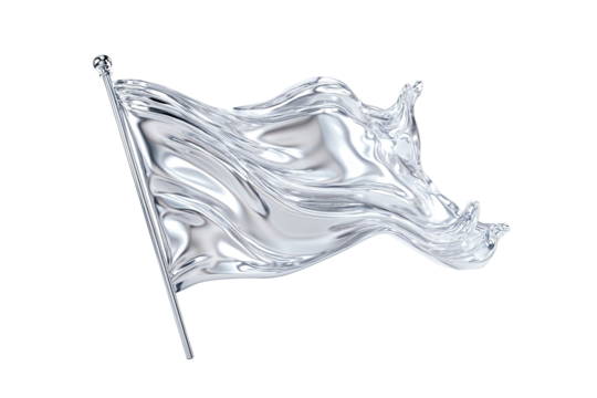 A stylized, metallic silver flag billowing in the wind.  Smooth, flowing folds of the flag, rendered in a polished metal texture, catch the light.  A flagpole extends vertically from the bottom