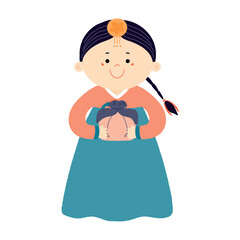Cute girl in traditional Korean clothes hanbok holding holiday gift, isolated on transparent. Hand drawn flat vector illustration. Cartoon character. Chuseok, Seollal design element, clip art