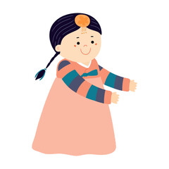 Cute girl in traditional Korean clothes hanbok running, isolated on transparent. Hand drawn flat vector illustration. Cartoon character. Chuseok, Seollal design element, clip art