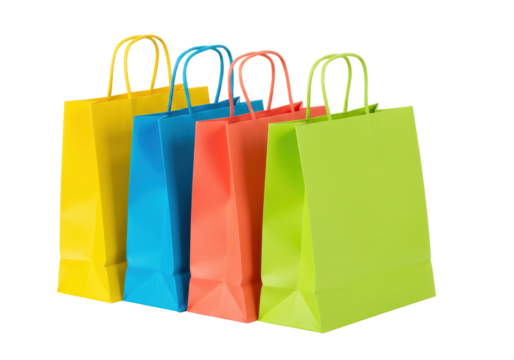 Isolated assorted colorful shopping bags close-up, yellow blue orange green paper carriers