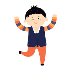 Cute boy in traditional Korean clothes hanbok running, isolated on transparent. Hand drawn flat vector illustration. Cartoon character. Chuseok, Seollal design element, clip art