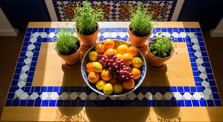 Fresh fruit and herbs on a table with a mosaic design under natural sunlight