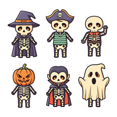 Cute Halloween Cartoon Characters Skeleton, Vampire, Pirate, Ghost & Pumpkin
