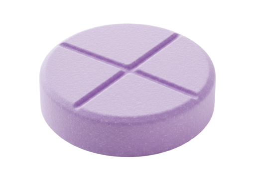 Isolated single lilac tablet pill with score marks ready to split medicine dosage, drugs