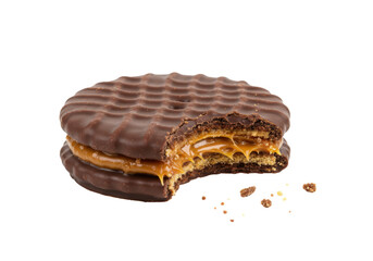 Isolated chocolate wafer with caramel filling, dessert snack with a bite taken out
