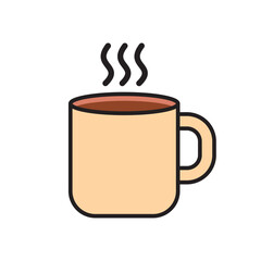 Flat vector illustration of a hot coffee cup with steam rising. Simple minimal design for café, breakfast, relaxation, beverages, menu, food, and drink concepts.