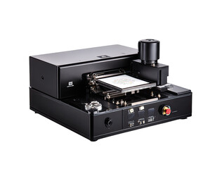 Advanced, black precision machine with integrated components.  A complex system for micro-processing or manipulation