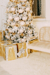 Decorated Christmas tree with golden ornaments and gifts in a festive room interior, on an inviting rug, for holiday season