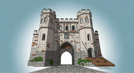 Illustration of medieval castle gatehouse with drawbridge architecture and stone wall fortress design art