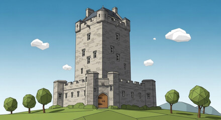 Cartoon castle illustration of medieval tower with blue sky and green landscape architecture design