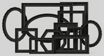 Shadowed empty picture frames silhouette — assortment of oval, rectangular and circular frames casting dark shadows on a neutral wall in a minimalist gallery display