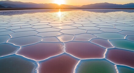Naklejka premium Sunset over a stunning salt flat, polygonal patterns reflecting the golden light.
