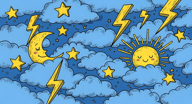 Playful Night-and-Day Cartoon Clouds Pattern — Smiling Sun and Moon Among Blue Puffy Clouds with Yellow Lightning Bolts and Scattered Stars (Children’s Illustration)
