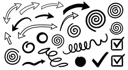 Assorted Hand-Drawn Curly and Arrow Swirl Elements — Decorative Directional Doodles and Twisted Arrows Pack