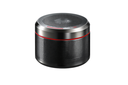 Compact, cylindrical speaker with metallic accents.  A dark gray/black speaker with a brushed metallic ring around the middle and a red accent line.  A perforated speaker grille is visible
