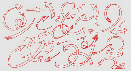 Red hand-drawn curved arrows collection — energetic sketch arrows in crimson marker strokes forming loops, swirls and directional cues for emphasis and flow diagrams