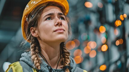 Young woman in hard hat inspecting equipment in industrial facility at night