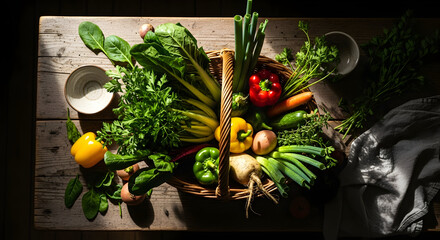 Freshly Harvested Vegetables in a Wicker Basket, Displayed on Rustic Wooden Surface