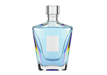 Isolated blue glass bottle for cosmetics or beverage, refillable, with label area