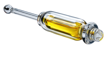 Clear glass syringe-like device, filled with amber liquid.  Rounded bulbous end with pointed tip.  Long, thin tube