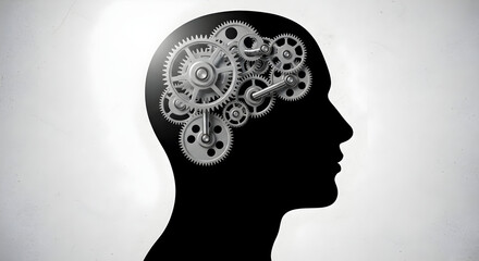 Obraz premium Human head silhouette with interlocking gears inside — concept illustration of cognitive processes, thinking, creativity, and mechanical mind